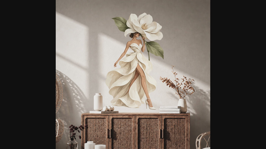 Colorful Magnolia Woman in Petal Dress Wall Decal Art interior video