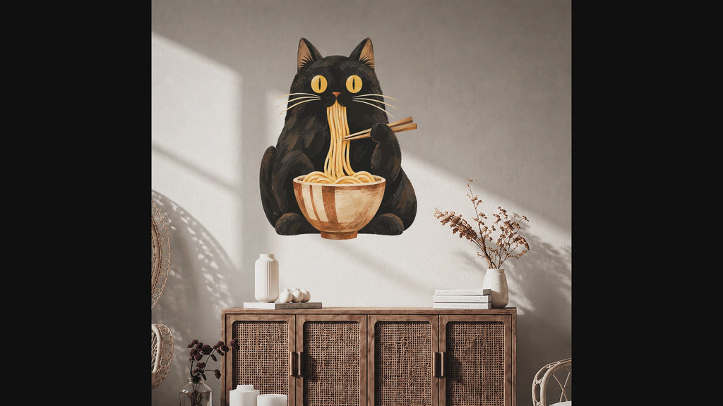 Slow zoom toward a wide-eyed black cat enjoying a bowl of noodles, with warm orange and cream details