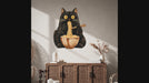 Slow zoom toward a wide-eyed black cat enjoying a bowl of noodles, with warm orange and cream details