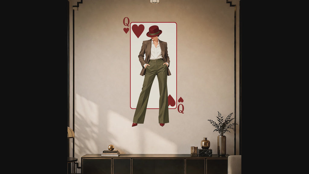 Slow zoom toward a queen of hearts playing card with a stylish woman in a hat and tailored outfit