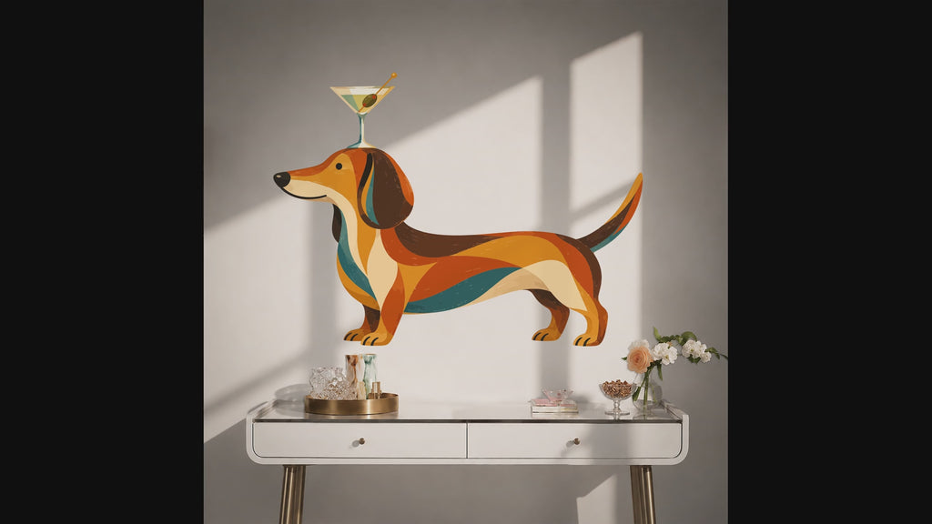 Slow zoom toward a long dachshund with a tiny martini balanced above its head in patchwork orange, teal, and brown
