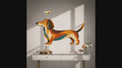 Slow zoom toward a long dachshund with a tiny martini balanced above its head in patchwork orange, teal, and brown