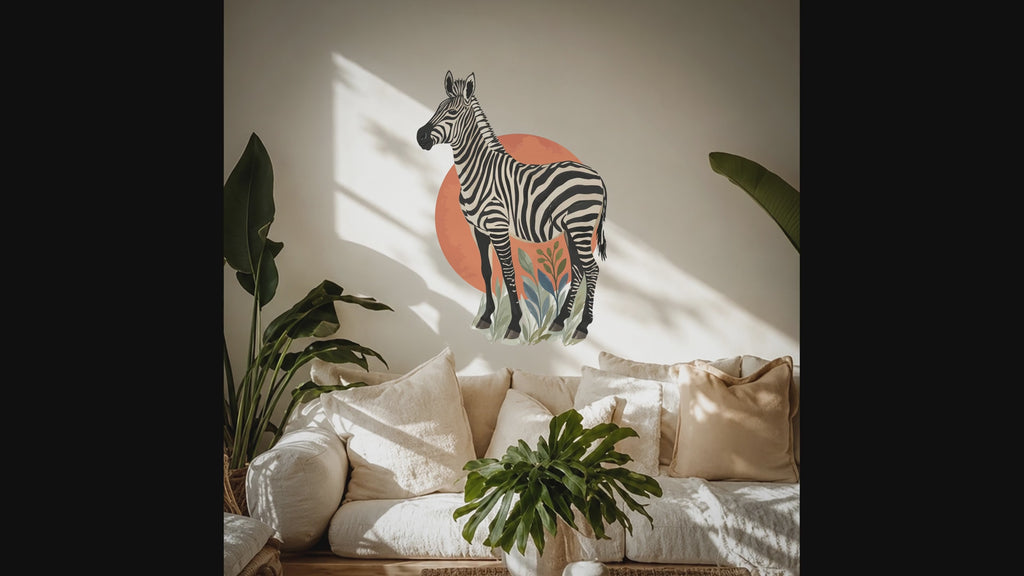 Zebra with botanical leaves and terracotta circle wall decal video
