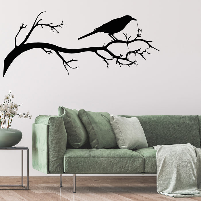 Vinyl Wall Decal Crow On Branch Silhouette Black Raven Decor Stickers Mural (g8885)