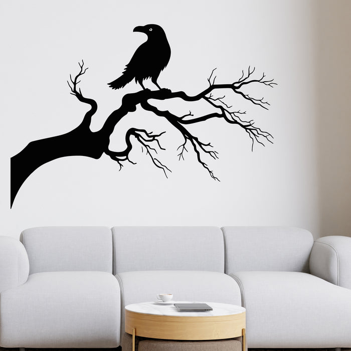 Vinyl Wall Decal Crow On Tree Branch Gothic Style Black Raven Stickers Mural (g9226)