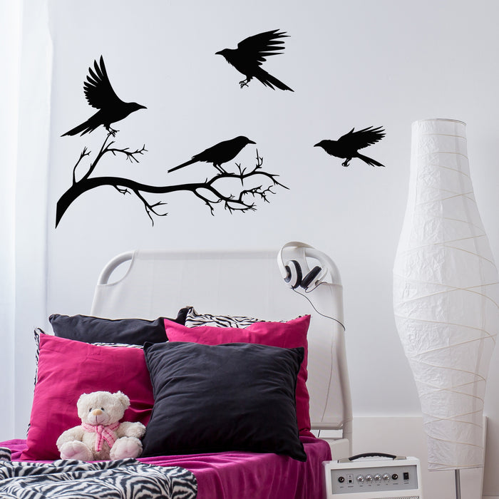 Vinyl Wall Decal Flying Raven Birds On Branch Gothic Style Stickers Mural (g9705)