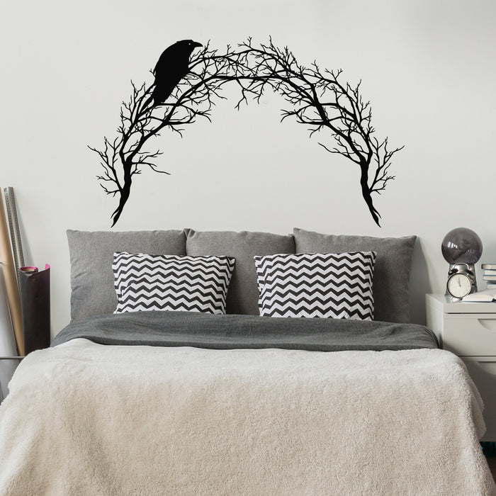 Vinyl Wall Decal Raven Bird Sitting Bare Tree Branches Gothic Style Stickers Mural (g9817)