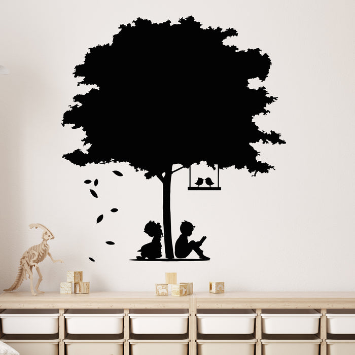 Vinyl Wall Decal Kids Room Tree Reading Girl And Boy Library Open Book Stickers Mural (g9141)