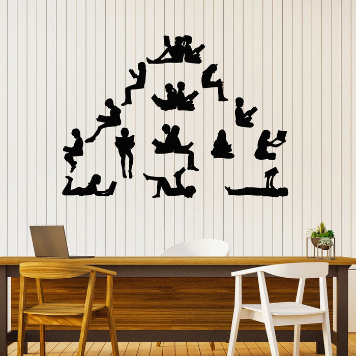 Vinyl Wall Decal Students Read Silhouette Reading Books Library Stickers Mural (g8769)