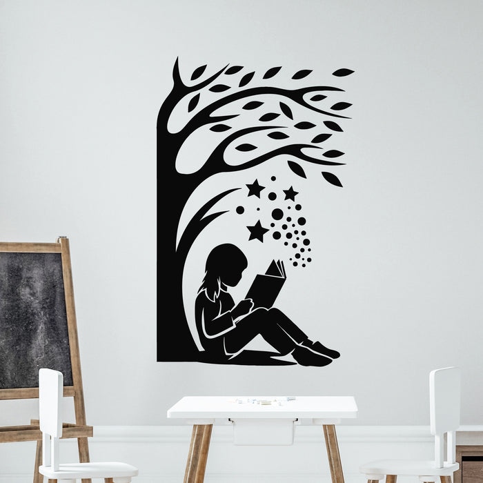 Vinyl Wall Decal Child Reading Silhouette Tree Library Bookworm  Stickers Mural (g9878)