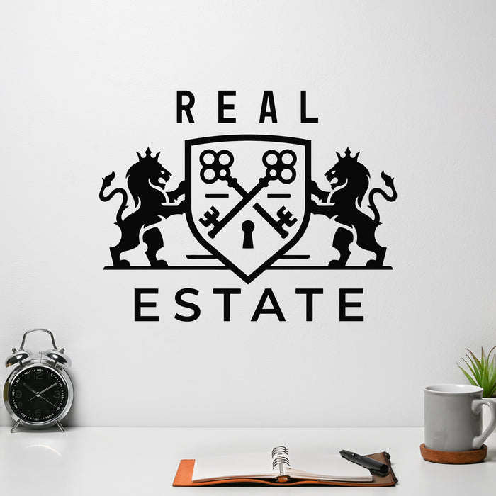 Vinyl Wall Decal Lion Keys With Crest Shield Real Estate Logo Decor Stickers Mural (g9038)