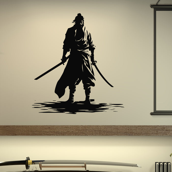 Vinyl Wall Decal Samurai Silhouette Holding Two Swords Warrior Stickers Mural (g9491)