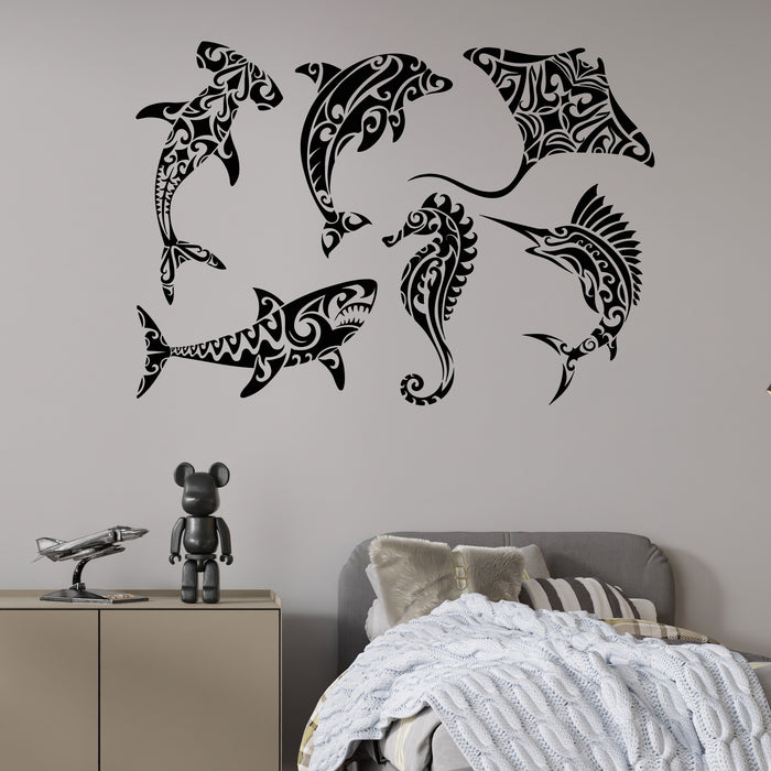 Vinyl Wall Decal Sea Animal Tribal Art  Shark Dolphin Seahorse Stickers Mural (g8936)