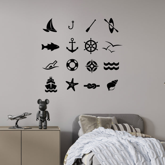 Vinyl Wall Decal Marine Nautical Icon Set Sea Vacation Symbols Stickers Mural (g9860)