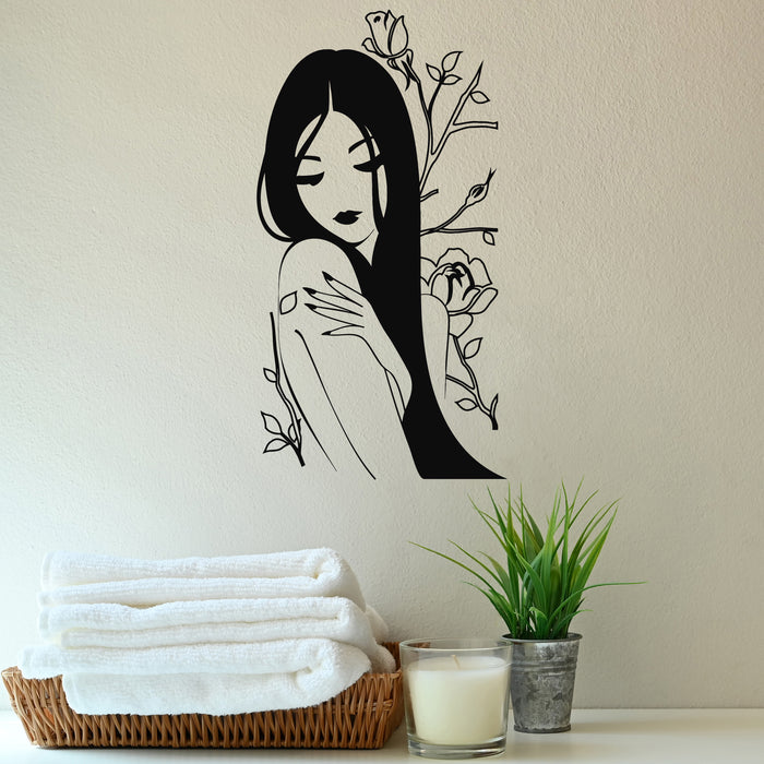 Autocollant mural en vinyle Fleur Rose Nue Belle Fille Japonaise Spa Autocollants Cadeau Unique (816ig)