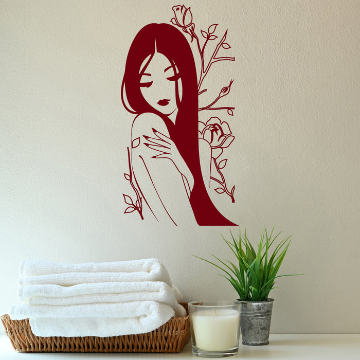 Autocollant mural en vinyle Fleur Rose Nue Belle Fille Japonaise Spa Autocollants Cadeau Unique (816ig)