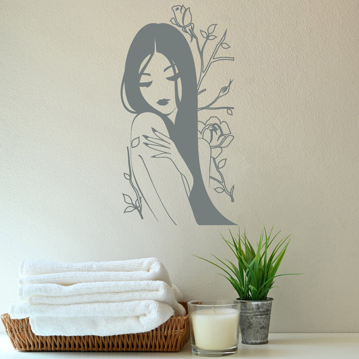 Autocollant mural en vinyle Fleur Rose Nue Belle Fille Japonaise Spa Autocollants Cadeau Unique (816ig)