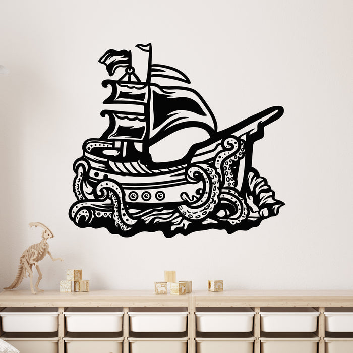 Vinyl Wall Decal Sea Monster Kraken Attacking Ship Marine Stickers Mural (g9014)