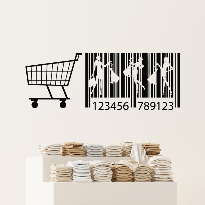 Vinyl Wall Decal Dress Shop Business Trolley Silhouette Shopping Cart Barcode Stickers Mural (g8802)