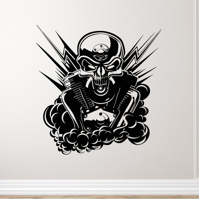 Vinyl Wall Decal Skull With Engine Pistons Shiny Motorcycle Stickers Mural (g9300)