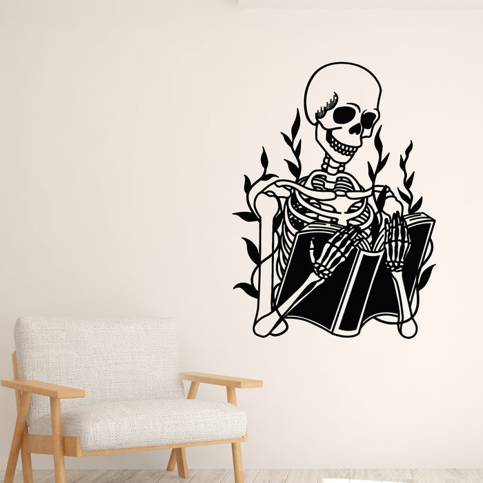 Vinyl Wall Decal Reading Skeleton Open Book Skull Bones Stickers Mural (g9585)