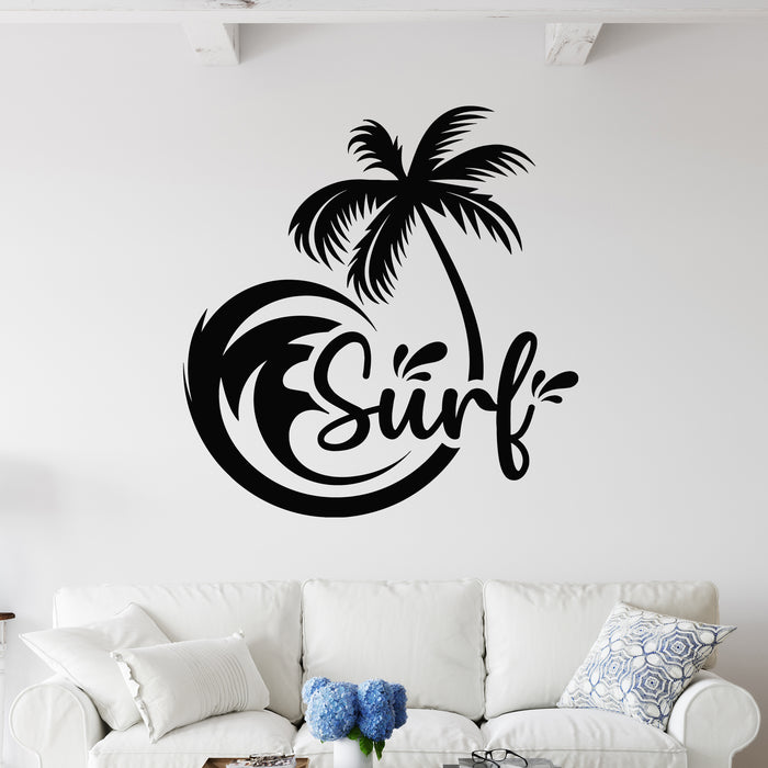 Vinyl Wall Decal Surf Lettering Palm Beach Style Surfing Waves Stickers Mural (g9203)