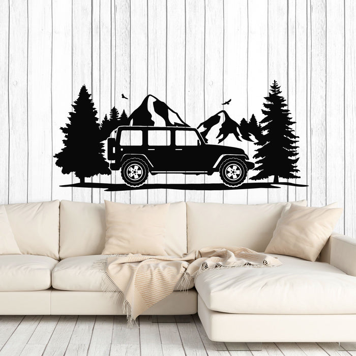 Vinyl Wall Decal Jeep Suv In Mountains Trees Wild Nature Stickers Mural (g8753)
