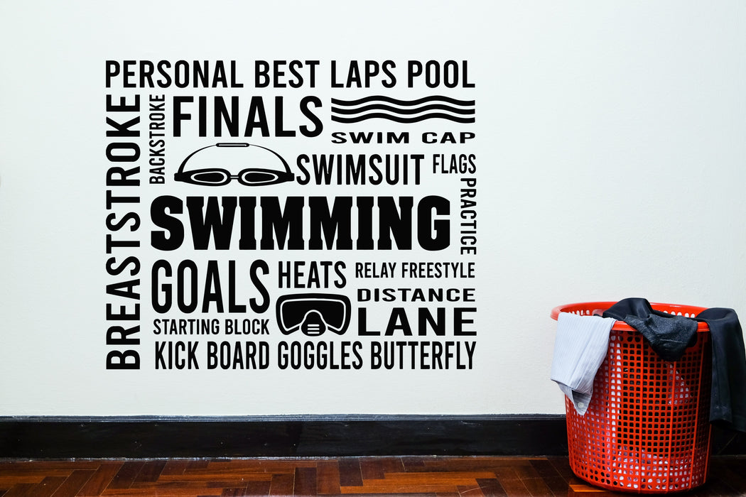 Vinyl Wall Decal Words Swim Cap Swimsuit Swimming Sport Stickers Mural (g8554)