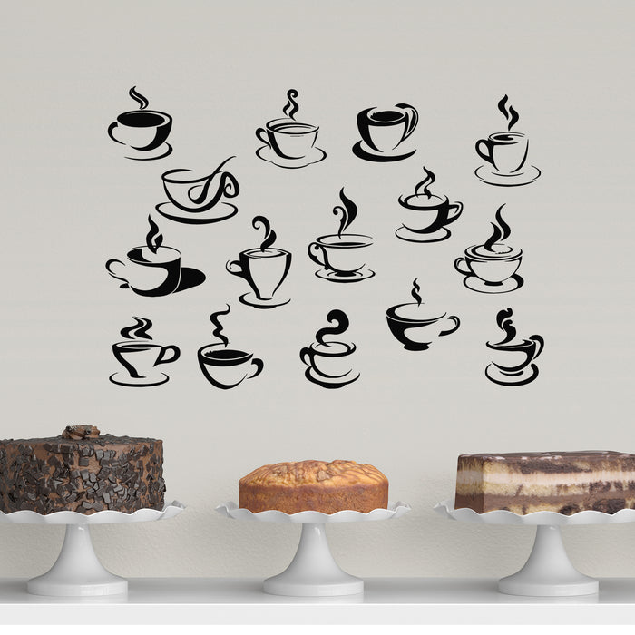Vinyl Wall Decal Tea Coffee Cups Collection Cafe Logo Interior Stickers Mural (g9068)