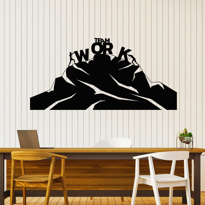 Vinyl Wall Decal Silhouette Man Pushing Mountains Team Work Office Art Stickers Mural (g8642)