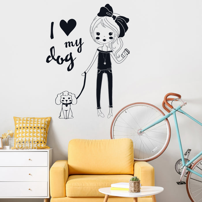 Vinyl Wall Decal Pretty Teen Girl With Dog Room Decor Stickers Unique Gift (ig3518)