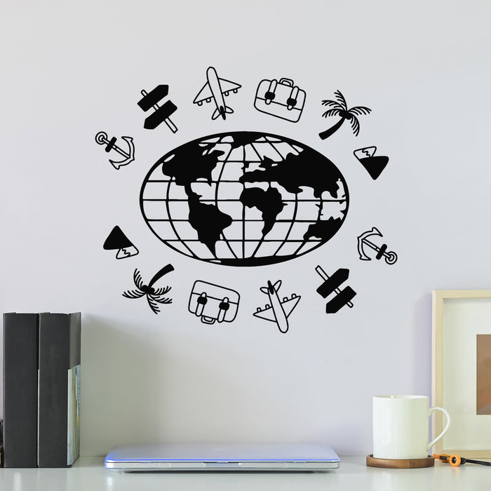 Vinyl Wall Decal Planet Earth WithIcons Set Travel Adventure Stickers Mural (g9807)
