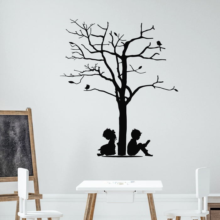Vinyl Wall Decal Library Decor Boy And Girl Reading Tree Branches Stickers Mural (g9316)