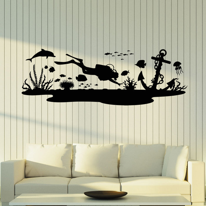 Vinyl Wall Decal Scuba Diver In Coral Reef Underwater Sea Fish Stickers Mural (g8552)