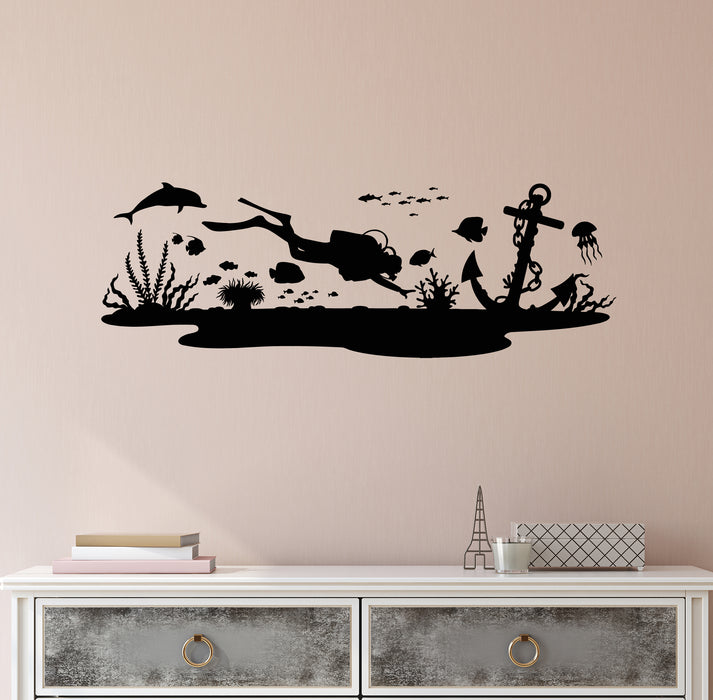 Vinyl Wall Decal Scuba Diver In Coral Reef Underwater Sea Fish Stickers Mural (g8552)