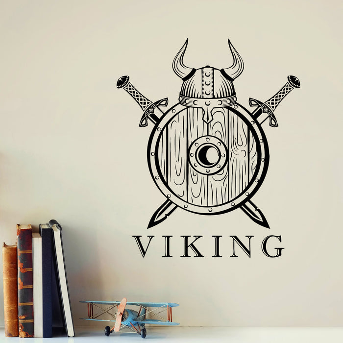 Vinyl Wall Decal Viking Helmet Two Swords Shield Warriors Stickers Mural (g8538)