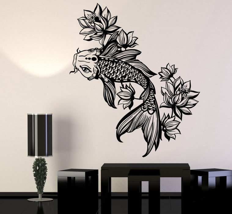Sale Koi Fish Carp Lotus Flower Asian Oriental Style Fish Vinyl Wall Decal Sticker Unique Gift (1116ig) S 11 in X 18.4 in
