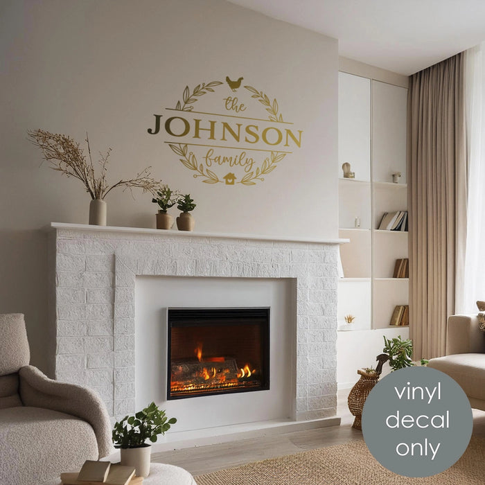 Autocollant en vinyle personnalisé pour décoration d'intérieur avec couronne rustique - Panneau de décoration personnalisé avec nom de famille w048