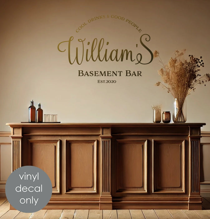 Basement Bar Personalized Name & Est. Vinyl Decal – Custom Home Bar Decoration Wall Sticker w044
