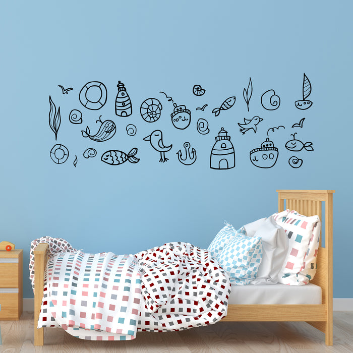 Underwater World Wall Vinyl Decal Ships Fish Shells Whale Children's Room Decor Sticker Mural (4493ig)