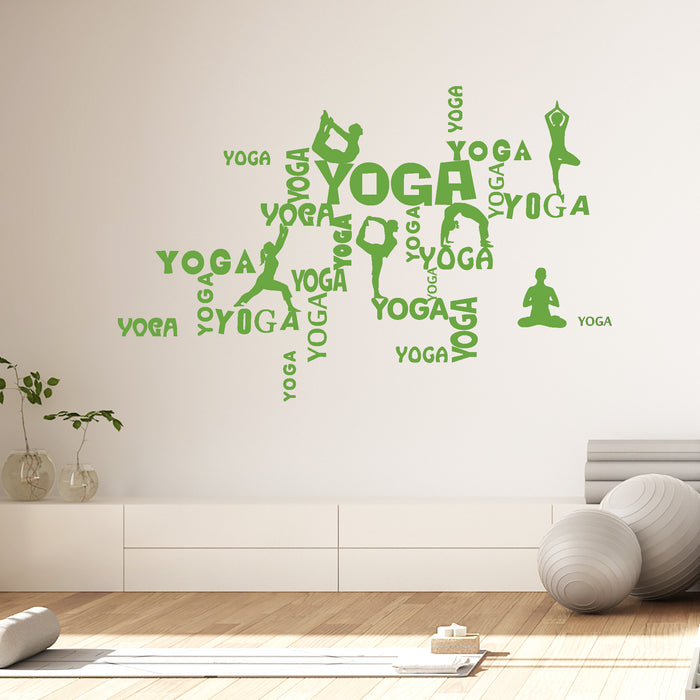 Autocollant mural en vinyle avec nuage de mots de yoga, décor de studio de yoga, fille, mode de vie sain, méditation, étirements (4498ig)