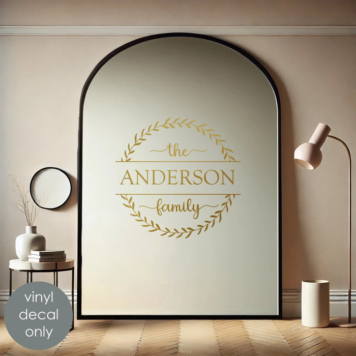 Personalized Last Name Wreath Vinyl sign, gold metallic decal on mirror