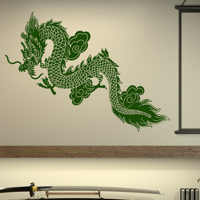 Sale Vinyl Wall Decal Chinese Flying Dragon Fantasy Asian Style Sticker Unique Gift 1358ig S 9.65 in X 22.5 in Dark Blue