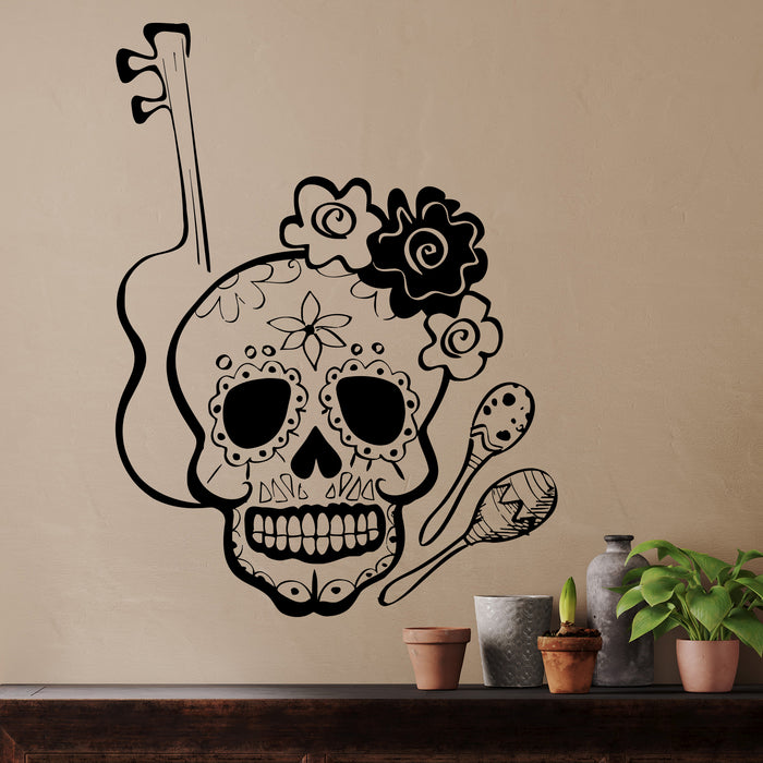 Vinyl Wall Decal Mexico Sugar Skull Mexican Musical Instruments Stickers Unique Gift (ig4277)