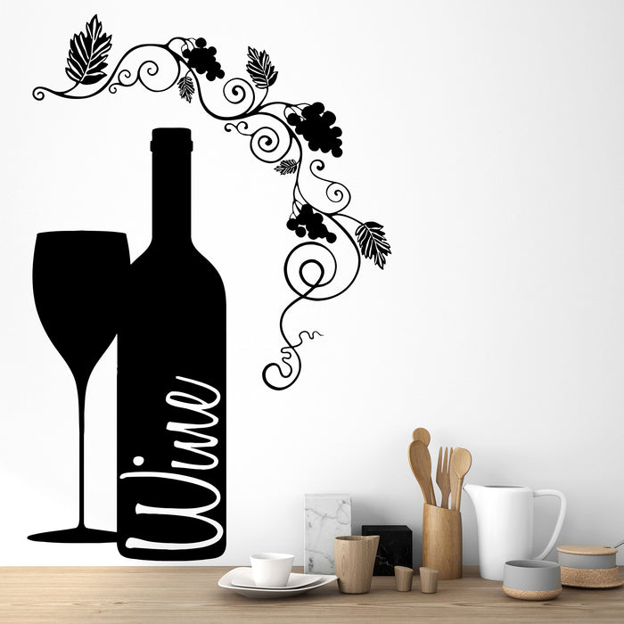 Vinyl Wall Decal Wine Bottle Glass Grape Alcohol Bar Stickers Unique Gift (ig4232)