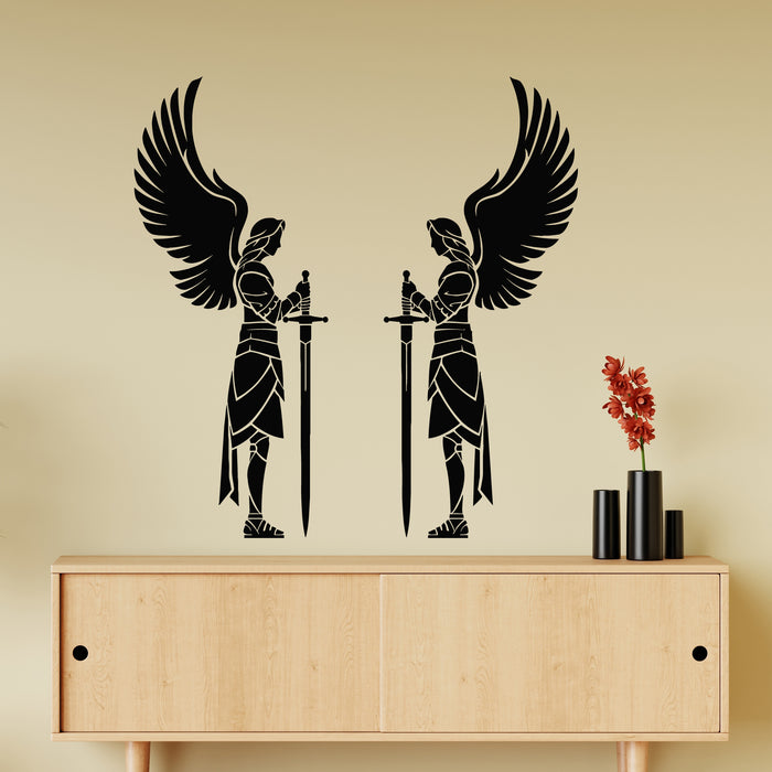 Vinyl Wall Decal Angels Knight Wings With Sword Warriors Stickers Mural (L052)