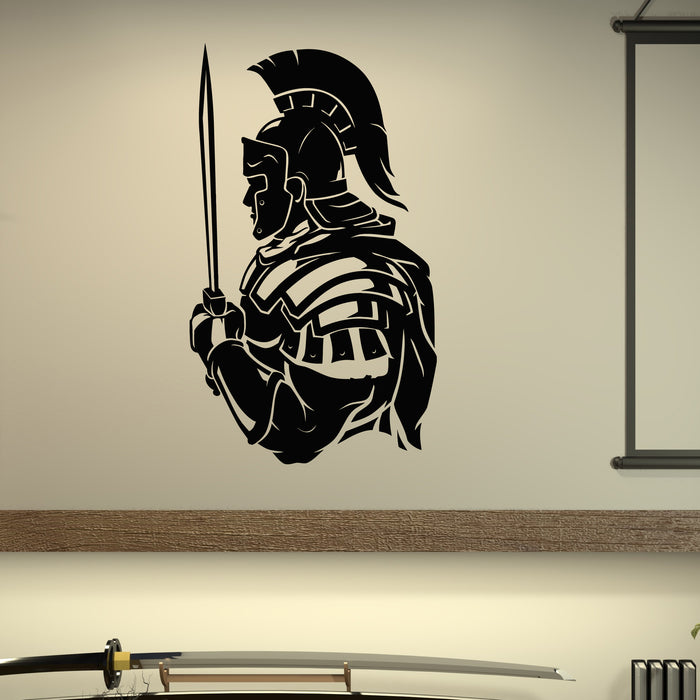 Vinyl Wall Decal Spartan Warrior In Traditional Helmet And Sword Stickers Mural (g9563)