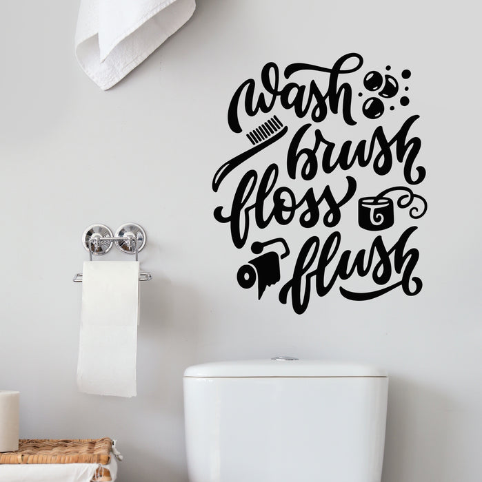 Vinyl Wall Decal Wash Brush Floss Flush Bathroom Typography Words Stickers Mural (g9584)