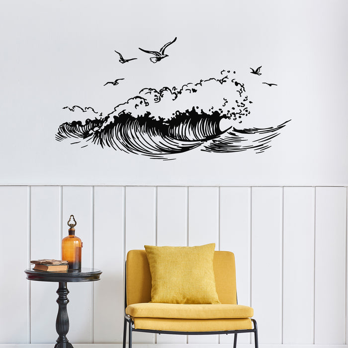 Vinyl Wall Decal Wind Waves Bird Seascape Sketch Ocean Stickers Mural (g8820)