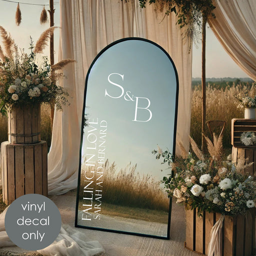Custom wedding vinyl decal with initials and text on mirror welcome sign for ceremony decoration